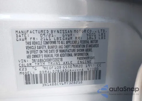 2021 Nissan Sentra Sv Xtronic Cvt из США, поврежденный, VIN 3N1AB8CV6MY328218